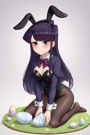 1girl, blush, capelet chibi, easter, full body, giant colored egg on the side, gradient hair, high resolution, egg on the side, giant egg on the side, komi-san_wa_komyushou_desu komi_shouko, long hair, long sleeves, meme, multicolored hair , no mouth, padoru (meme), purple eyes, purple hair, bunny ears, dressed as a bunny, bunny outfit, bunny ears background_simple only shaky