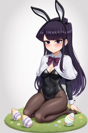 1girl, blush, capelet chibi, easter, full body, giant colored egg on the side, gradient hair, high resolution, egg on the side, giant egg on the side, komi-san_wa_komyushou_desu komi_shouko, long hair, long sleeves, meme, multicolored hair , no mouth, padoru (meme), purple eyes, purple hair, bunny ears, dressed as a bunny, bunny outfit, bunny ears background_simple only shaky