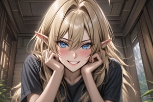 masterpiece, best quality, 1girl, solo, long hair, looking at viewer, blush, smile, shirt, hair between eyes, upper body, blonde hair, ahoge, short sleeves, teeth, indoors, blue eyes, grin, hands up, black shirt, black bow, hair intakes, t-shirt, hands on own face, hands on own cheeks, pointed ears, midjourney,Anime, fantasy, magic, midjourney, ,((AlphaSA)), elf,niji5,(AlphaSG)