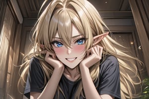 masterpiece, best quality, 1girl, solo, long hair, looking at viewer, blush, smile, shirt, hair between eyes, upper body, blonde hair, ahoge, short sleeves, teeth, indoors, blue eyes, grin, hands up, black shirt, black bow, hair intakes, t-shirt, hands on own face, hands on own cheeks, pointed ears, midjourney,Anime, fantasy, magic, midjourney, ,((AlphaSA)), elf,niji5,(AlphaSG)