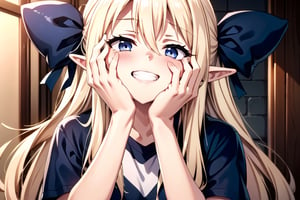 masterpiece, best quality, 1girl, solo, long hair, looking at viewer, blush, smile, shirt, bow, ribbon, hair between eyes, hair ribbon, upper body, blonde hair, ahoge, short sleeves, teeth, indoors, blue eyes, grin, hands up, black shirt, black bow, hair intakes, t-shirt, hands on own face, hands on own cheeks, pointed ears, midjourney,Anime, fantasy, magic, midjourney, ,((AlphaSA)), elf