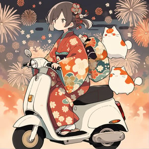 kimono girl riding a scooter, red kimono, floral print, masterpiece, abstract background, Japanese festival background, colorful fireworks, best quality, aesthetic