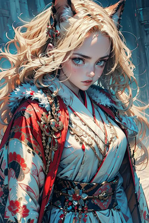 A cool girl with long blonde hair, wearing a fancy ornate (red and white) dress that combines a kimono and a fur cape, miniskirt, intricate details, extremely detailed, incredible details, full colored, complex details, hyper maximalist, detailed decoration, detailed lines. masterpiece, best quality, HDR, UHD,SharpEyess,CLIP SKIP: 2