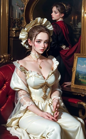 A girl engaged in a leisurely activity. She seated in an opulent interior with plush red drapery and a glimpse of a pastoral landscape through a window. She wore Taffeta gowns and the intricate lace and embellishments. Rococo-style oil painting,masterpiece,More Detail