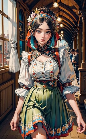 A 18 Century girl, walking on the medieval village, wearing red floral dress, intricate details, by (Anna Dittmann). (Cinematic lighting, ethereal light, intricate details, extremely detailed, incredible details, full colored), complex details, hyper maximalist, gorgeous light and shadow, detailed decoration, detailed lines. masterpiece, best quality, HDR, UHD, high color contrast, (colorful:1.5), ,Half-timbered Construction,slavic dress