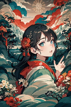 kimono girl, red kimono, floral print, masterpiece, abstract background, Japanese festival background, colorful fireworks, (Cinematic lighting, ethereal light, intricate details, extremely detailed, incredible details, full colored), complex details, hyper maximalist, gorgeous light and shadow, detailed decoration, detailed lines. masterpiece, best quality, HDR, UHD, unreal engine. looking at the camera, fair skin, beautiful face, (beautiful eyes:1.5), perfect eyes, detailed eyes, beautiful nose, 