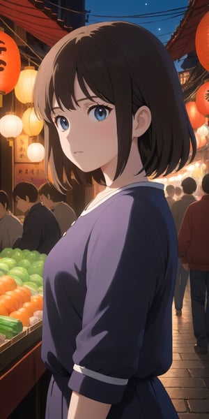 Ghibli anime style, "Spirited Away" style. A girl in a dark night market, with illuminated by warm lights. The whole atmosphere seems mysterious. (Cinematic lighting, ethereal light, intricate details, extremely detailed, incredible details, full colored), complex details, hyper maximalist, gorgeous light and shadow, detailed decoration, detailed lines. masterpiece, best quality, HDR, UHD, unreal engine. looking at the camera, fair skin, beautiful face, (beautiful eyes:1.5), perfect eyes, detailed eyes, beautiful nose, ,StdGBRedmAF