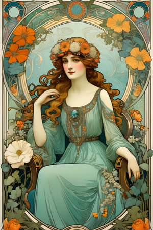 || The Art Nouveau poster with art deco frame, an oil painting, (featuring an elegant woman sitting on a luxurious sofa, adorned with a beautiful flower wreath, holding a bouquet of flowers, surrounded by artistic decorations and exquisite florals, 1girl, solo, full body) || best quality, stunning illustration, mysterious and detailed image, (in the style of Alfons Maria Mucha), (Art Nouveau), ultra highly detailed, mystical, luminism, flowers, complex background, (tarot card:1.4), (masterpiece, top quality, best quality, official art, beautiful and aesthetic:1.2), (fractal art:1.3), (colorful:1.5), highest detailed, (aristocracy:1.2), (Art Nouveau style), le style Mucha, modern poster arts,more detail XL, 