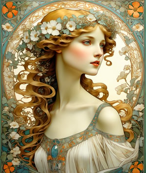|| The Art Nouveau Poster with art deco frame, an oil painting, (featuring a girl, in the garden, depicted as a radiant maiden adorned in a diaphanous white gown woven from delicate petals and leaves, with blossoms entwined in her flowing hair. Around her, the air is filled with the sweet scent of blossoms and the melodious songs of birds, evoking a sense of enchantment and tranquility in her presence, soft glow of sunlight, 1girl, solo) || best quality, stunning illustration, mysterious and detailed image, (in the style of Alfons Maria Mucha), (Art Nouveau), ultra highly detailed, mystical, luminism, flowers, complex background, (tarot card:1.4), (masterpiece, top quality, best quality, official art, beautiful and aesthetic:1.2), (fractal art:1.3), (colorful:1.5), highest detailed, (aristocracy:1.2), more detail XL, SFW, (Art Nouveau style), le style Mucha, modern poster arts,