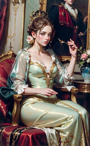 A aristocratic girl engaged in a leisurely activity. She seated in an opulent interior with plush red drapery and a glimpse of a pastoral landscape through a window. She wore silk gowns and the intricate lace and embellishments. Rococo-style oil painting,Rococo Style,oil painting,masterpiece,More Detail