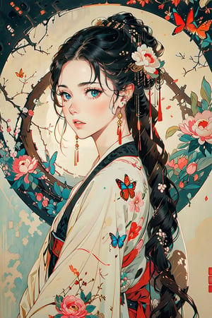  A girl, wearing hanfu, peony garden, butterfly, (negative space:1.4), gold and white and red hue, (Cinematic lighting, ethereal light, intricate details, extremely detailed, incredible details, full colored), complex details, hyper maximalist, gorgeous light and shadow, detailed decoration, detailed lines. masterpiece, best quality, HDR, UHD, unreal engine. looking at the camera, fair skin, beautiful face,