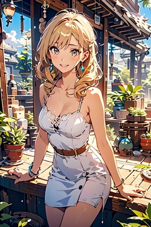 best quality, masterpiece, detailed, 16k, beautiful detailed face, beautiful detailed eyes, 8k, femalesolo, prefect body, prefect face, A tropical girl, long blonde curly hair, flowy white dress, casual outfit, one-piece dress, outdoor, blue sky, beautiful fantasy tropics, sweet smile,1girl yellow eyes earrings,xuer house