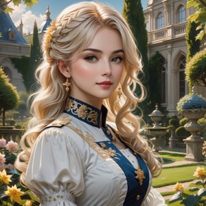 A royal servant, (1girl:1.4), blonde hair, portrait, royal garden, outdoors, (masterpiece, top quality, best quality, official art, beautiful and aesthetic:1.2), extreme detailed, highest detailed,