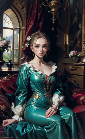 A girl engaged in a leisurely activity. She seated in an opulent interior with plush red drapery and a glimpse of a pastoral landscape through a window. She wore a aqua blue tulle dress. mute colors, Rococo-style oil painting,masterpiece,More Detail