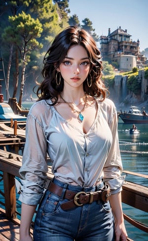 (A dashing ancient female Viking warrior), adorned in rugged yet stylish attire, with a confident smirk and fierce gaze that command respect, medieval fantasy. Swashbuckling, brave, wise and beautiful, jewelry, standing, collarbone, white shirt, weapon, earrings, belt, pants, necklace, blurry, lips, gun, blurry background, hoop earrings, realistic, brown belt. (masterpiece:1.2), best quality, scenery, watercraft, water, fantasy, ship, landscape, outdoors, river, tree, ocean ,1 girl