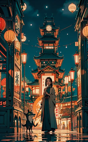 Ghibli anime style, "Spirited Away" style. A girl in a dark night market, with illuminated by warm lights. The whole atmosphere seems mysterious. (Cinematic lighting, ethereal light, intricate details, extremely detailed, incredible details, full colored), complex details, hyper maximalist, gorgeous light and shadow, detailed decoration, detailed lines. masterpiece, best quality, HDR, UHD, unreal engine. looking at the camera, fair skin, beautiful face, 