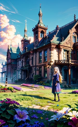 A girl with long blonde hair, wearing a fancy ornate (((folk dress))). fantastical and ethereal scenery, daytime, church, grass, flowers. Intricate details, extremely detailed, incredible details, full colored, complex details, hyper maximalist, detailed decoration, detailed lines. masterpiece, best quality, HDR,girl,masterpiece