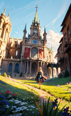 A girl with long blonde hair, wearing a fancy ornate (((folk dress))). fantastical and ethereal scenery, daytime, church, grass, flowers. Intricate details, extremely detailed, incredible details, full colored, complex details, hyper maximalist, detailed decoration, detailed lines. masterpiece, best quality, HDR,girl,masterpiece