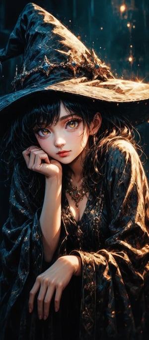 a gorgeous, provocative, wise, smart witch girl, resting chin on hand, fashionable black and gold robe, witch hat, intricate details, by (Anna Dittmann). (Cinematic lighting, ethereal light, intricate details, extremely detailed, incredible details, full colored), complex details, hyper maximalist, gorgeous light and shadow, detailed decoration, detailed lines. masterpiece, best quality, HDR, UHD, unreal engine. looking at the camera, fair skin, beautiful face, beautiful eyes, perfect eyes, detailed eyes, beautiful nose, super wide angle, high angle, high color contrast, (colorful:1.4), far away shot, 