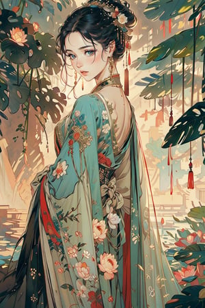 A classical oriental beauty, traditional costume, garden, pavilion, lotus pond, daytime, (Cinematic lighting, ethereal light, intricate details, extremely detailed, incredible details, full colored), complex details, hyper maximalist, gorgeous light and shadow, detailed decoration, detailed lines. masterpiece, best quality, HDR, UHD, unreal engine. looking at the camera, fair skin, beautiful face, girl