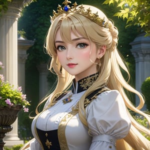 A royal servant, (1girl:1.4), blonde hair, portrait, royal garden, outdoors, (masterpiece, top quality, best quality, official art, beautiful and aesthetic:1.2), extreme detailed, highest detailed,solution epsilon \(overlord\)