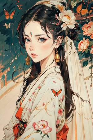  A girl, wearing hanfu, peony garden, butterfly, (negative space:1.4), gold and white and red hue, white background, (Cinematic lighting, ethereal light, intricate details, extremely detailed, incredible details, full colored), complex details, hyper maximalist, gorgeous light and shadow, detailed decoration, detailed lines. masterpiece, best quality, HDR, UHD, unreal engine. looking at the camera, fair skin, beautiful face,