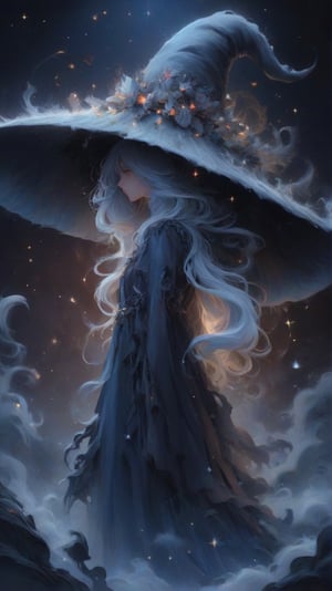 As the moon rises high in the sky, a cloaked witch stands before her bubbling cauldron, murmuring ancient incantations. She stands in her forest, clad in a deep purple robe adorned with mystical symbols and shimmering with the faint glow of magic. ,colorful