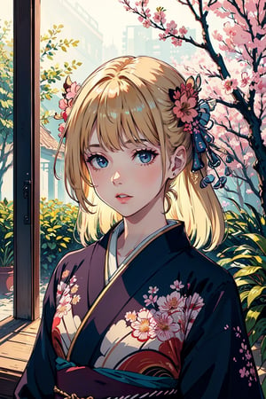 A girl, wearing kimono, trees, sakura, flowers, day, (Cinematic lighting, ethereal light, intricate details, extremely detailed, incredible details, full colored), complex details, hyper maximalist, gorgeous light and shadow, detailed decoration, detailed lines. masterpiece, best quality, HDR, UHD, unreal engine. looking at the camera, fair skin, beautiful face,More Detail,photo of perfecteyes eyes