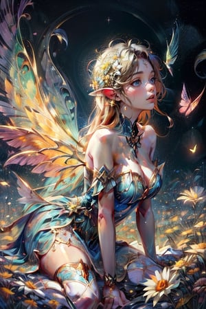 Starry night, a field of chamomile flowers, a delicate winged fairy. Surrounding the fairy are an array of blossoms in full bloom, their sweet fragrance adding to the enchantment of this magical moment. Glowing golden particles, magical, surreal, dreamlike atmosphere, vibrant colors, fantasy painting. head to thigh, long hair, (strapless yellowish dress:1), (fairy wings), (translucent, colorful, glittery wings), (realistic:1.2), (realism), (masterpiece:1.2), (best quality), (ultra detailed), (8k, 4k, intricate), (highly detailed:1.2),(detailed face:1.2),  DonMF41ryW1ng5 