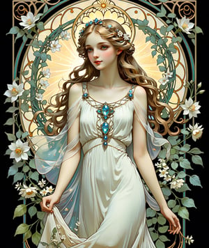 || Tarot card with art deco frame, an oil painting, (featuring a girl, in the garden, depicted as a radiant maiden adorned in a diaphanous white gown woven from delicate petals and leaves, with blossoms entwined in her flowing hair. Around her, the air is filled with the sweet scent of blossoms and the melodious songs of birds, evoking a sense of enchantment and tranquility in her presence, soft glow of sunlight, 1girl, solo) || best quality, stunning illustration, mysterious and detailed image, (in the style of Alfons Maria Mucha), (Art Nouveau), ultra highly detailed, mystical, luminism, flowers, complex background, (tarot card:1.4), (masterpiece, top quality, best quality, official art, beautiful and aesthetic:1.2), (fractal art:1.3), (colorful:1.5), highest detailed, (aristocracy:1.2), more detail XL, SFW, (Art Nouveau style), le style Mucha 