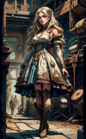 1girl, steampunk style, flowing blonde hair, boots,  detailed steampunk background, (masterpiece, top quality, best quality, official art, beautiful and aesthetic:1.2), extreme detailed, cinematic Lighting, ethereal light, intricate details, extremely detailed, incredible details, full colored, complex details, hyper maximalist, gorgeous light and shadow, detailed decoration, detailed lines. masterpiece, best quality, HDR, UHD, fair skin, beautiful face,davincitech,scifi,by leonardo da vinci,midjourney,LAinnopromise, wedding dress
