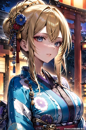 1 seductive, mature woman with blonde hair, and blue eyes, with detailed ornate kimono, miniskirt,  Gothic make-up, rebellious.(masterpiece, top quality, best quality, official art, beautiful and aesthetic:1.2), (1girl:1.4), portrait, extreme detailed, (colorful:1.1), highest detailed, (aristocracy:1.1), Kyoto, outdoor,colorful