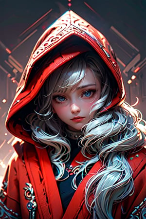 A girl with long blonde hair, with detailed ornate fur hooded kimono, red hooded kimono, miniskirt, fantasypunk. (Cinematic lighting, ethereal light, intricate details, extremely detailed, incredible details, full colored), complex details, hyper maximalist, gorgeous light and shadow, detailed decoration, detailed lines. masterpiece, best quality, HDR, UHD, unreal engine. looking at the camera, fair skin, beautiful face, (beautiful eyes:1.5), perfect eyes, detailed eyes, beautiful nose,rayen dress, head to thigh
