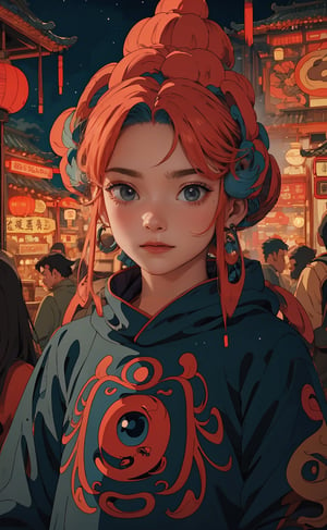 Ghibli anime style, "Spirited Away" style. A girl in a dark night market, with illuminated by warm lights. The whole atmosphere seems mysterious. (Cinematic lighting, ethereal light, intricate details, extremely detailed, incredible details, full colored), complex details, hyper maximalist, gorgeous light and shadow, detailed decoration, detailed lines. masterpiece, best quality, HDR, UHD, unreal engine. looking at the camera, fair skin, beautiful face, (beautiful eyes:1.5), perfect eyes, detailed eyes, beautiful nose, dim tones,studio ghibli style,guochao,Hayao Miyazaki style