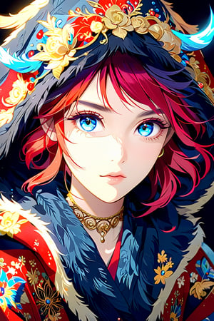 Kyoto Animation stylized anime, a woman with red hair, and blue eyes, with detailed ornate fur hooded kimono, red hooded kimono, miniskirt, fantasypunk. Cinematic lighting, ethereal light, intricate details, extremely detailed, incredible details, full colored, complex details, insanely detailed and intricate, hyper maximalist, extremely detailed with rich colors. masterpiece, best quality, HDR, UHD, unreal engine. Representative, fair skin, rich in details High quality, gorgeous, 8k, super detail, gorgeous light and shadow, detailed decoration, detailed lines,Kyoto animation style