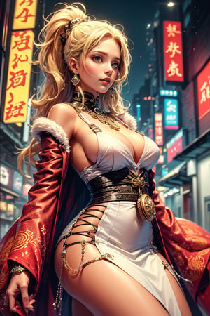 A girl with long blonde hair, wearing a fancy ornate (red and white) dress that combines a kimono and a fur cape, miniskirt, (scenery). intricate details, extremely detailed, incredible details, full colored, complex details, hyper maximalist, detailed decoration, detailed lines. masterpiece, best quality, HDR, UHD,