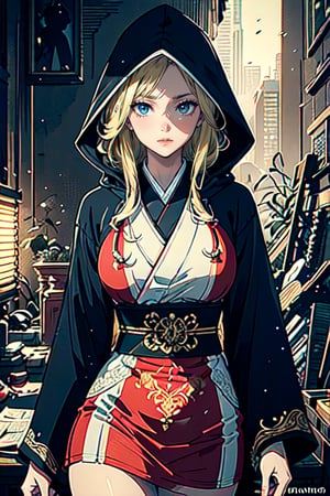 A girl with long blonde hair, with detailed ornate fur hooded kimono, red hooded kimono, miniskirt, fantasypunk. (Cinematic lighting, ethereal light, intricate details, extremely detailed, incredible details, full colored), complex details, hyper maximalist, gorgeous light and shadow, detailed decoration, detailed lines. masterpiece, best quality, HDR, UHD, unreal engine. looking at the camera, fair skin, beautiful face, (beautiful eyes:1.5), perfect eyes, detailed eyes, beautiful nose,rayen dress, head to thigh,