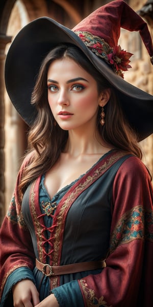 A gorgeous Spanish girl, fashionable red floral witch robe, witch hat, in the medieval village, intricate details, by (Anna Dittmann). (Cinematic lighting, ethereal light, intricate details, extremely detailed, incredible details, full colored), complex details, hyper maximalist, gorgeous light and shadow, detailed decoration, detailed lines. masterpiece, best quality, HDR, UHD, unreal engine. looking at the camera, fair skin, beautiful face, beautiful eyes, perfect eyes, detailed eyes, beautiful nose, super wide angle, high angle, high color contrast, (colorful:1.5), far away shot, ,DonM1uth3rXL