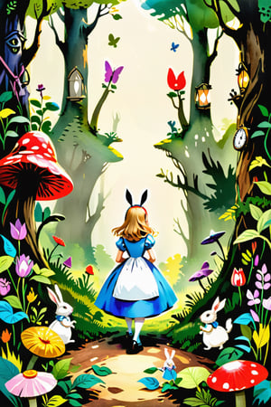 Alice in Wonderland, in the forest, in the style of Beatrix Potter,colorful