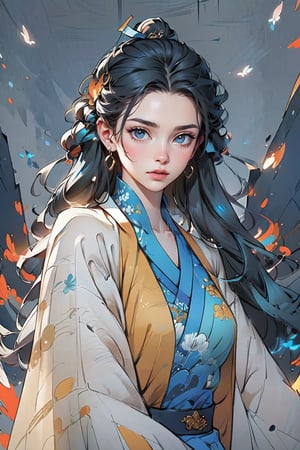  A female warriorl, wearing hanfu, (negative space:1.4), gold and white and red hue, (Cinematic lighting, ethereal light, intricate details, extremely detailed, incredible details, full colored), complex details, hyper maximalist, gorgeous light and shadow, detailed decoration, detailed lines. masterpiece, best quality, HDR, UHD, unreal engine. looking at the camera, fair skin, beautiful face,gongbiv, girl,Colors