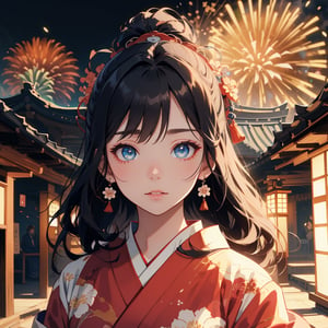 kimono girl, red kimono, floral print, masterpiece, abstract background, Japanese festival background, colorful fireworks, (Cinematic lighting, ethereal light, intricate details, extremely detailed, incredible details, full colored), complex details, hyper maximalist, gorgeous light and shadow, detailed decoration, detailed lines. masterpiece, best quality, HDR, UHD, unreal engine. looking at the camera, fair skin, beautiful face, (beautiful eyes:1.5), perfect eyes, detailed eyes, beautiful nose, dim tones,perfect light