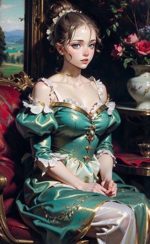 A girl seated in an opulent interior and a glimpse of a pastoral landscape through a window. She wore a aqua blue tulle dress. mute colors, Rococo-style oil painting, masterpiece,More Detail