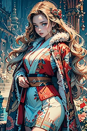 A girl with long blonde hair, wearing a fancy ornate (red and white) dress that combines a kimono and a fur cape, miniskirt, (scenery). intricate details, extremely detailed, incredible details, full colored, complex details, hyper maximalist, detailed decoration, detailed lines. masterpiece, best quality, HDR, UHD