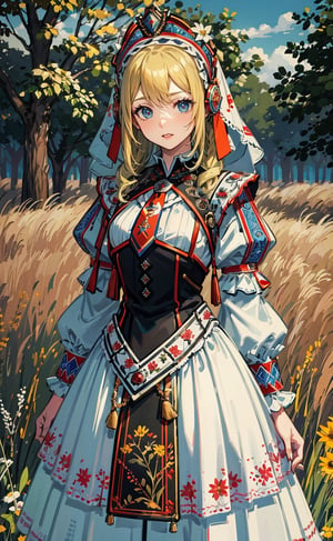 1girl, solo, long hair, blonde hair, outdoor, blue sky, grass, flowers field, folk dress, white shirt, smile, long sleeves, standing, blue eyes,  (extremely detailed, incredible details, full colored), complex details, hyper maximalist, gorgeous light and shadow, detailed decoration, detailed lines. masterpiece, best quality, HDR, UHD, high color contrast,slavic dress