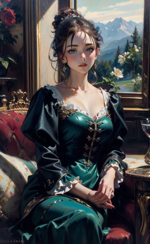 A girl seated in an opulent interior with plush red drapery and a glimpse of a pastoral landscape through a window. She wore a aqua blue tulle dress. mute colors, Rococo-style oil painting,masterpiece,More Detail