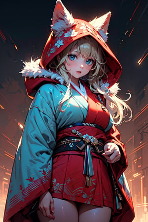 A girl with long blonde hair, fur hooded kimono, red hooded kimono, miniskirt, night streets. (Cinematic lighting, ethereal light, intricate details, extremely detailed, incredible details, full colored), complex details, hyper maximalist, masterpiece, best quality, HDR, UHD, unreal engine. head to thigh,