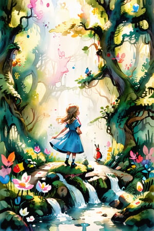1girl, Alice in Wonderland, in the forest, in the style of Beatrix Potter,colorful,water color,watercolor