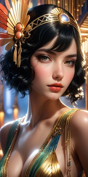 Photo realistic, mute colors, 20s style, flapper girl, black hair, art deco. cinematic lighting, ethereal light, intricate details, extremely detailed, incredible details, full colored, complex details, hyper maximalist, gorgeous light and shadow, detailed decoration, detailed lines. masterpiece, best quality, HDR, UHD, unreal engine. looking at the camera, fair skin, beautiful face, beautiful eyes, perfect eyes, beautiful nose, full_body