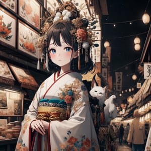 Ghibli anime style, "Spirited Away" style. A girl in a dark night market, with illuminated by warm lights. The whole atmosphere seems mysterious. (Cinematic lighting, ethereal light, intricate details, extremely detailed, incredible details, full colored), complex details, hyper maximalist, gorgeous light and shadow, detailed decoration, detailed lines. masterpiece, best quality, HDR, UHD, unreal engine. looking at the camera, fair skin, beautiful face, (beautiful eyes:1.5), perfect eyes, detailed eyes, beautiful nose, dim tones, Japanese art,A Traditional Japanese Art,Studio Ghibli