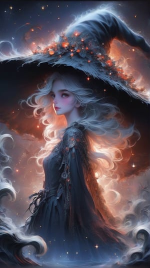 As the moon rises high in the sky, a cloaked witch stands before her bubbling cauldron, murmuring ancient incantations. She stands in her forest, clad in a deep purple robe adorned with mystical symbols and shimmering with the faint glow of magic.